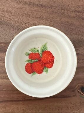 Vintage Strawberry tiny trinket bowl with gold rim cottagecore